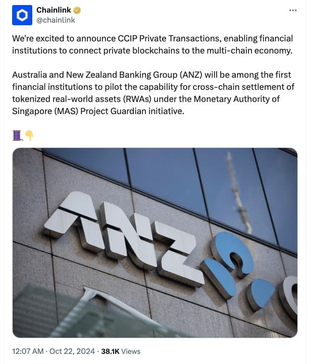 ANZ Bank with A$1 Trillion AUM Pilots Chainlink's CCIP for Cross-Chain Tokenized Asset Settlement under Project Guardian