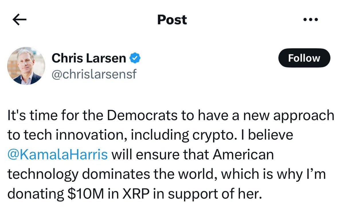 Ripple Co-Founder Chris Larsen Donates $10 Million in XRP to Kamala Harris via Future Forward Super PAC